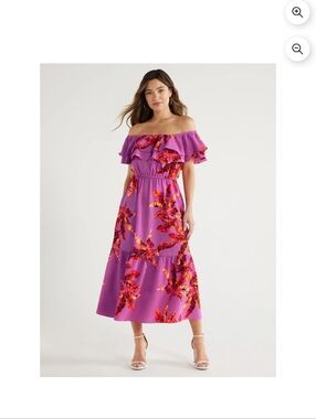 Purple Tropical Ruffle Midi Dress